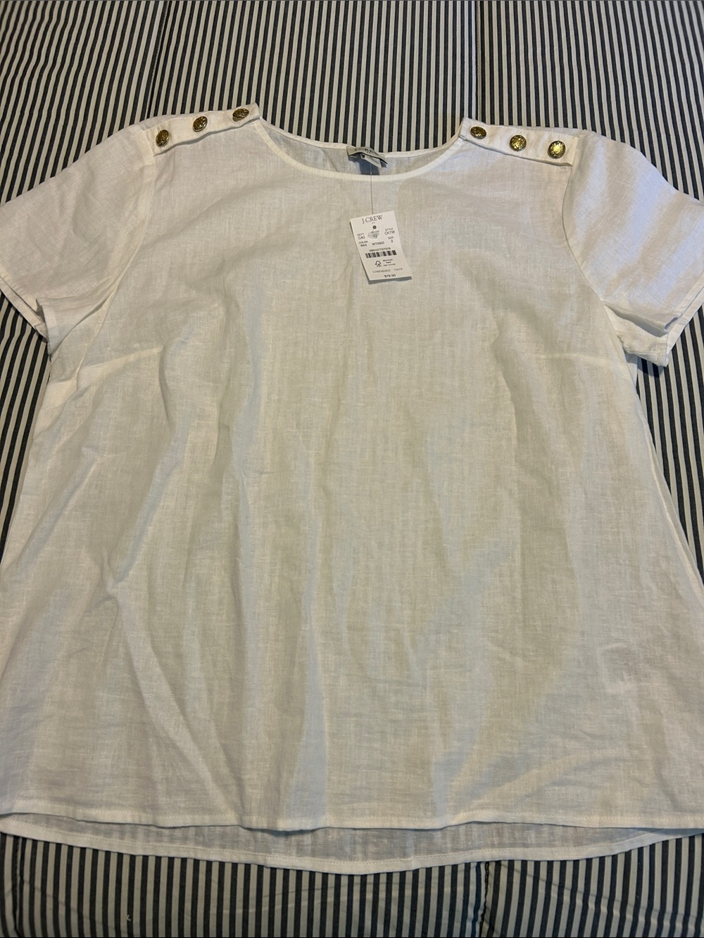 J. Crew White Linen Short Sleeve Top with Gold Shoulder Buttons Soze S NWT